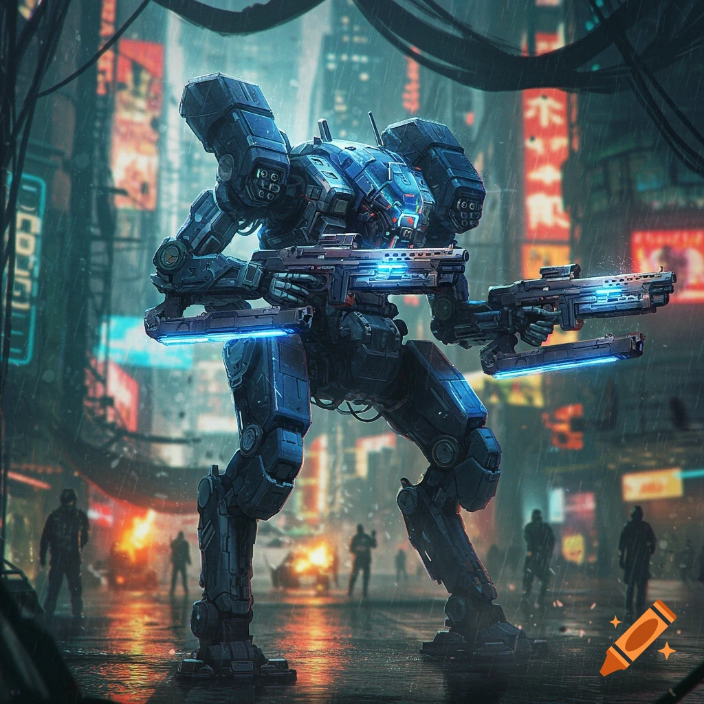 A four-armed combat mech stands in a rainy, neon-lit cyberpunk city street, holding sci-fi rifles.