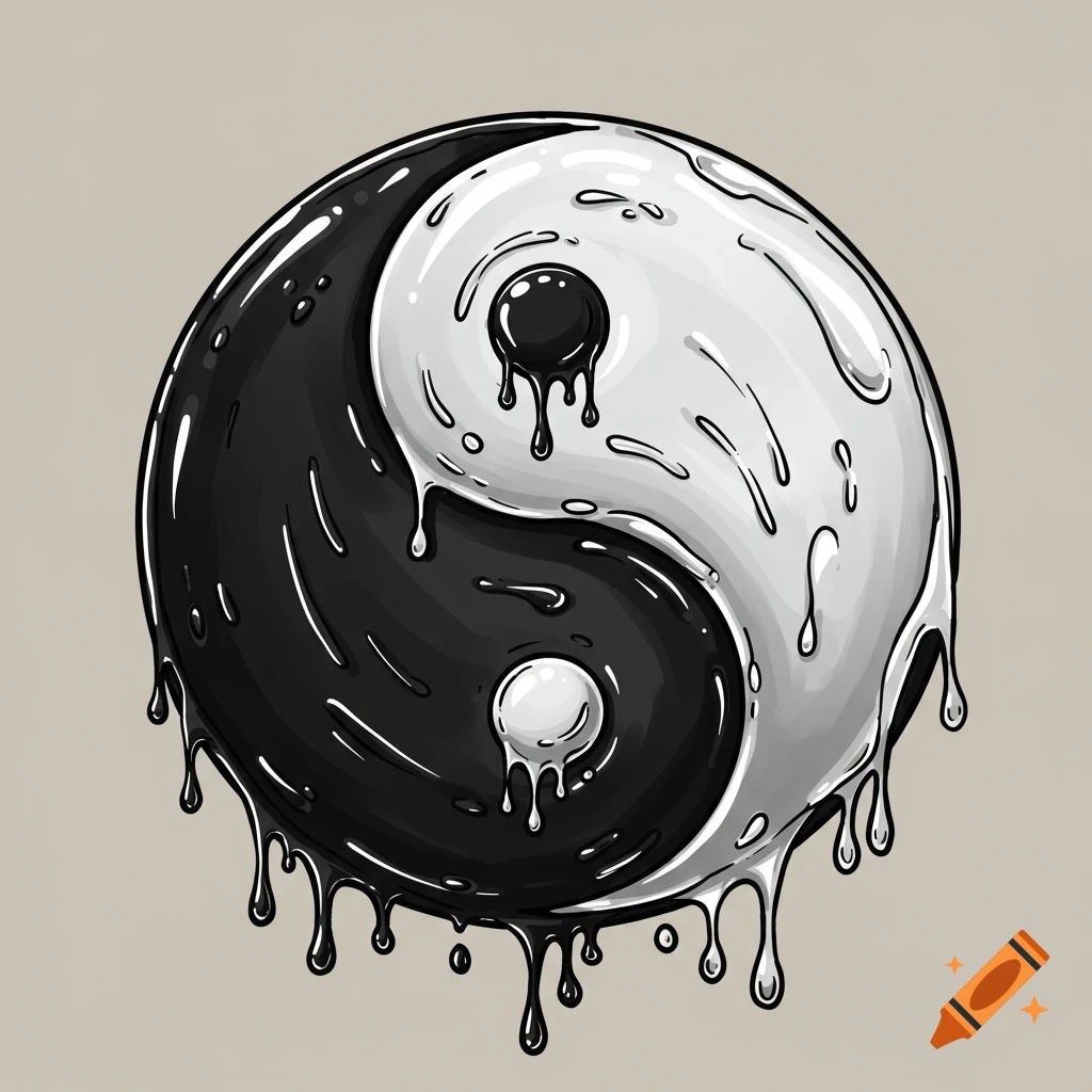 A stylized black and white yin yang symbol melting and dripping with a glossy, chrome-like texture on a light background.