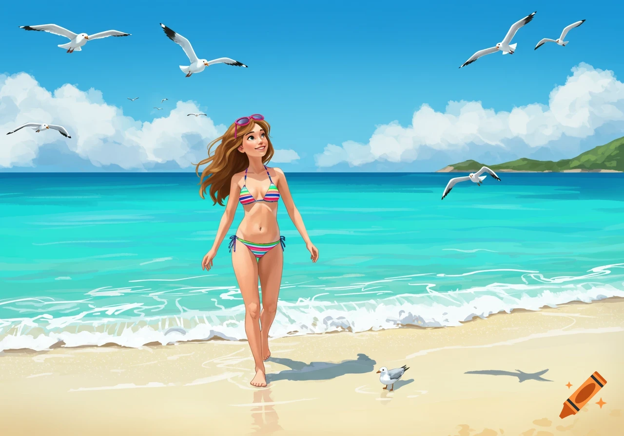 Illustrated girl in a striped bikini walking on a sunny beach with seagulls and blue ocean.