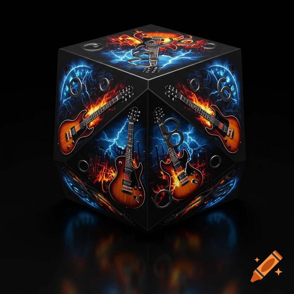 A detailed multi-faceted dice with several faces depicting electric guitars wreathed in flames and lightning, set against a dark background.