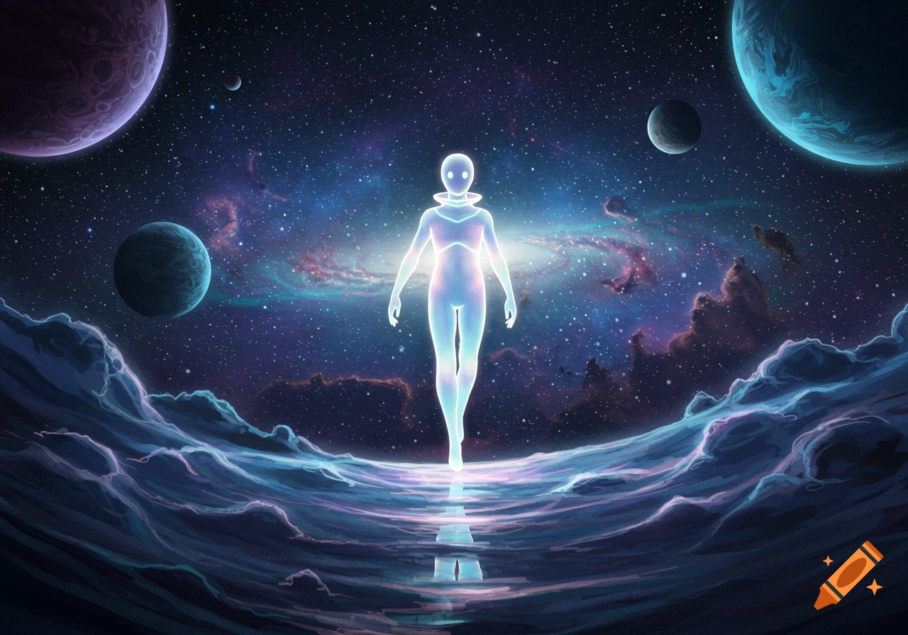 A glowing ethereal figure stands on a reflective surface surrounded by cosmic waves, planets, and a vibrant galaxy in deep space.