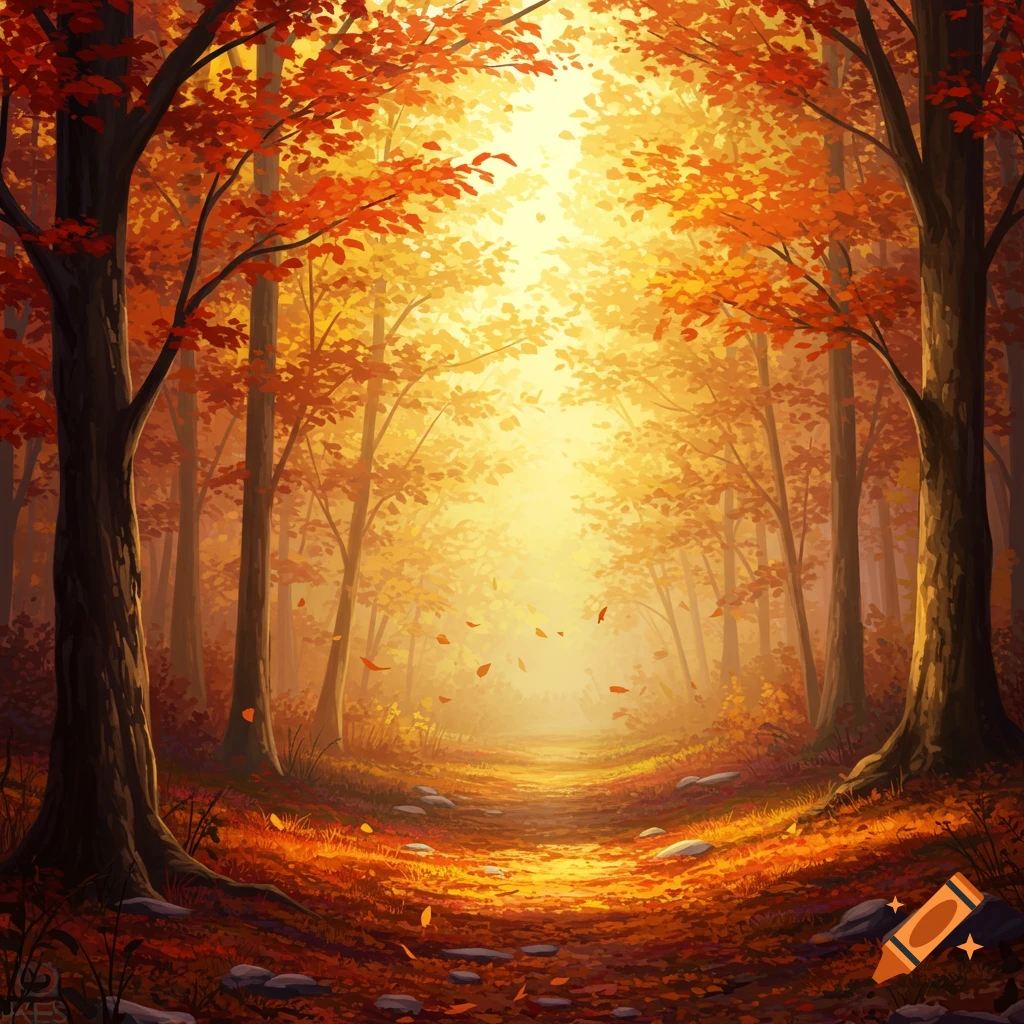 A vibrant digital painting of an autumn forest path bathed in golden light, with red and orange leaves covering the ground and trees.