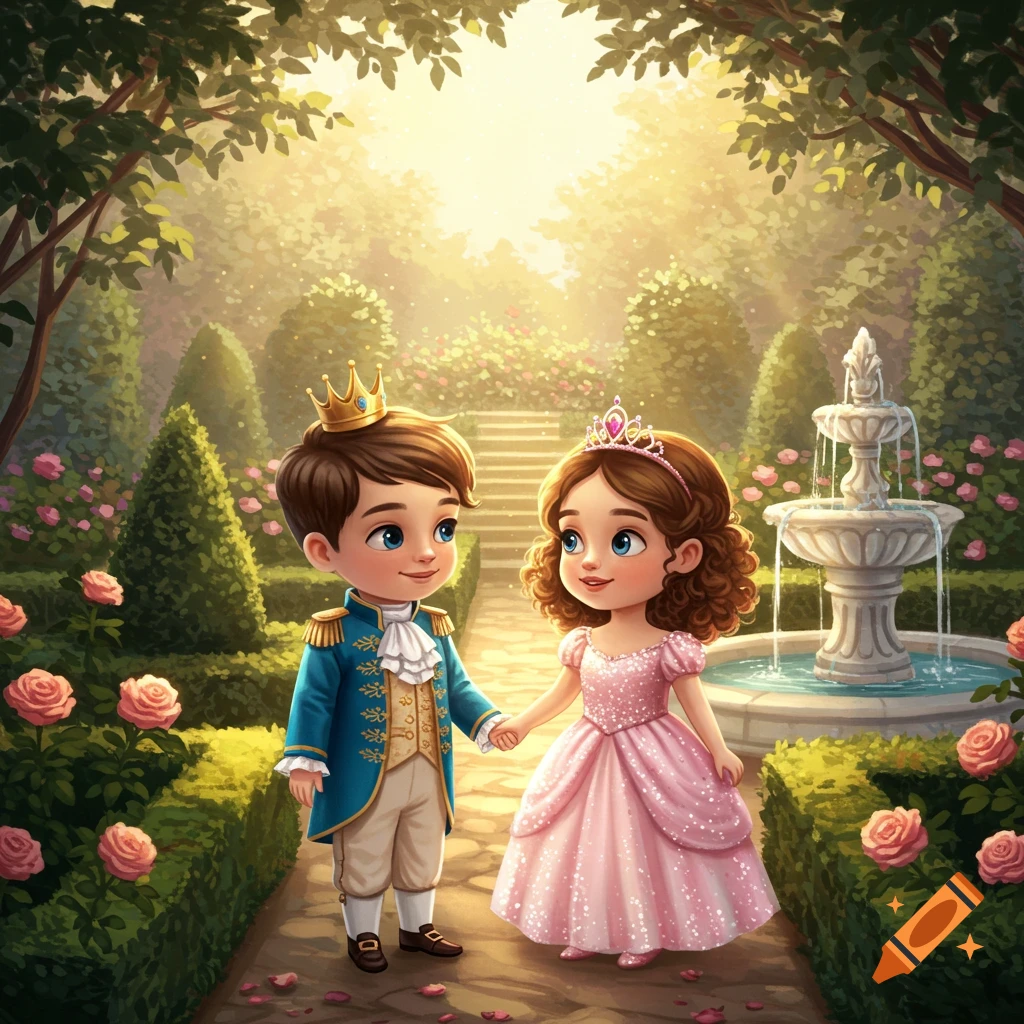 A cute cartoon prince and princess holding hands in a sunny, enchanting garden with roses and a fountain.