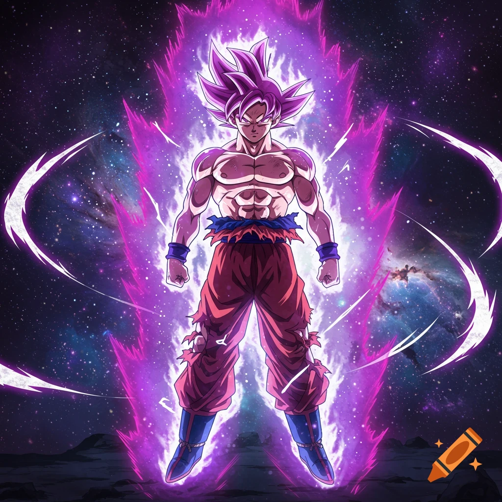 Goku with glowing purple hair and aura stands in a powerful pose against a cosmic galaxy background in anime style.