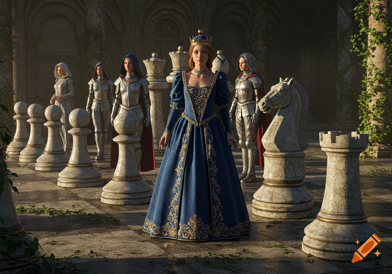 A regal queen in a blue gown stands among armored knights and pawns, stylized as women, on a giant chessboard in a stone courtyard.