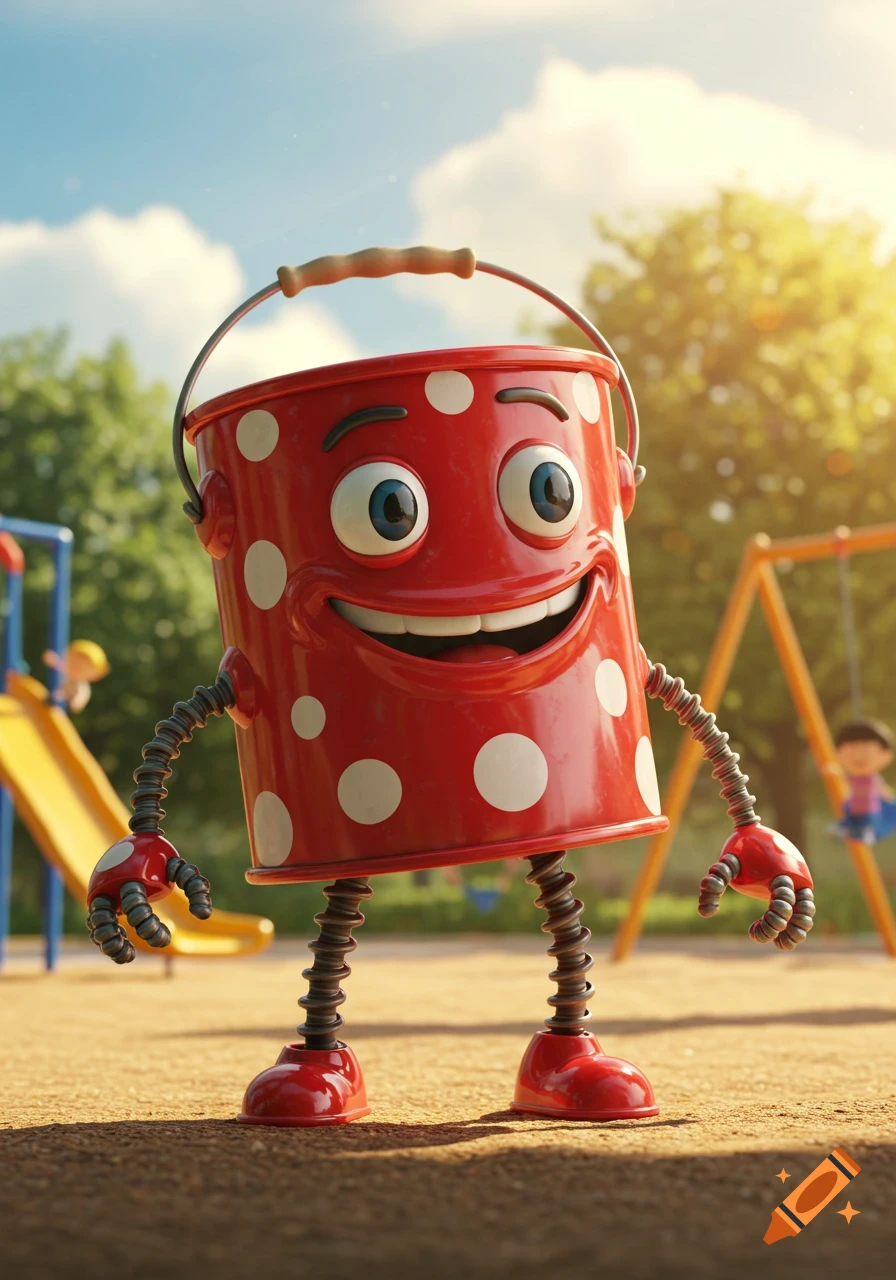 A cute, smiling red polka-dotted bucket character with arms and legs stands in a sunny playground.