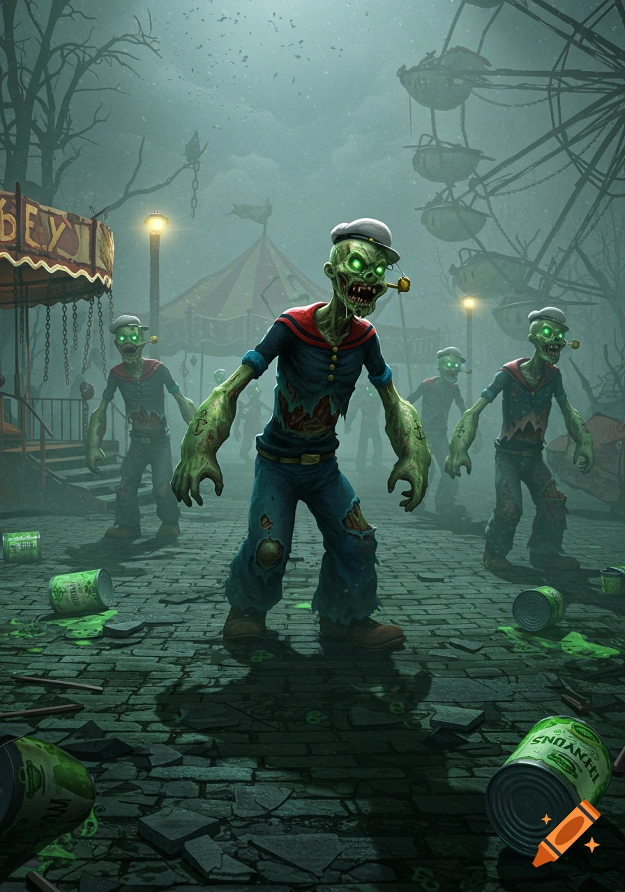 Stylized cartoon zombie Popeye characters with glowing eyes roam a foggy, derelict carnival at night with abandoned rides and spilled green liquid from cans.