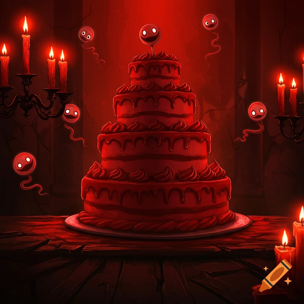 A multi-tiered red cake with dripping icing in a dark, candlelit room, surrounded by floating red, spooky smiling entities in a cartoonish style.