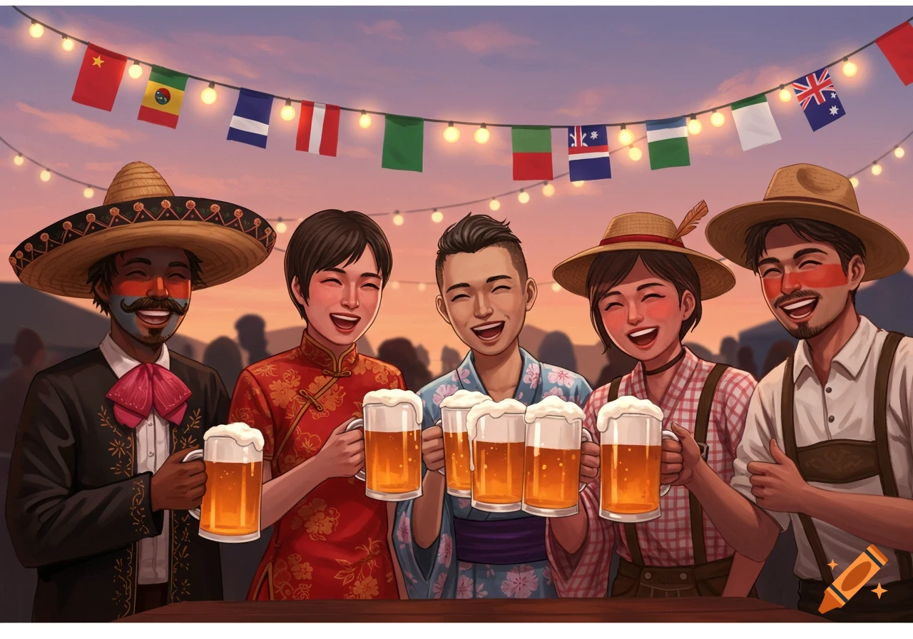Five smiling people in traditional attire from different countries holding mugs of beer under international flags at sunset.