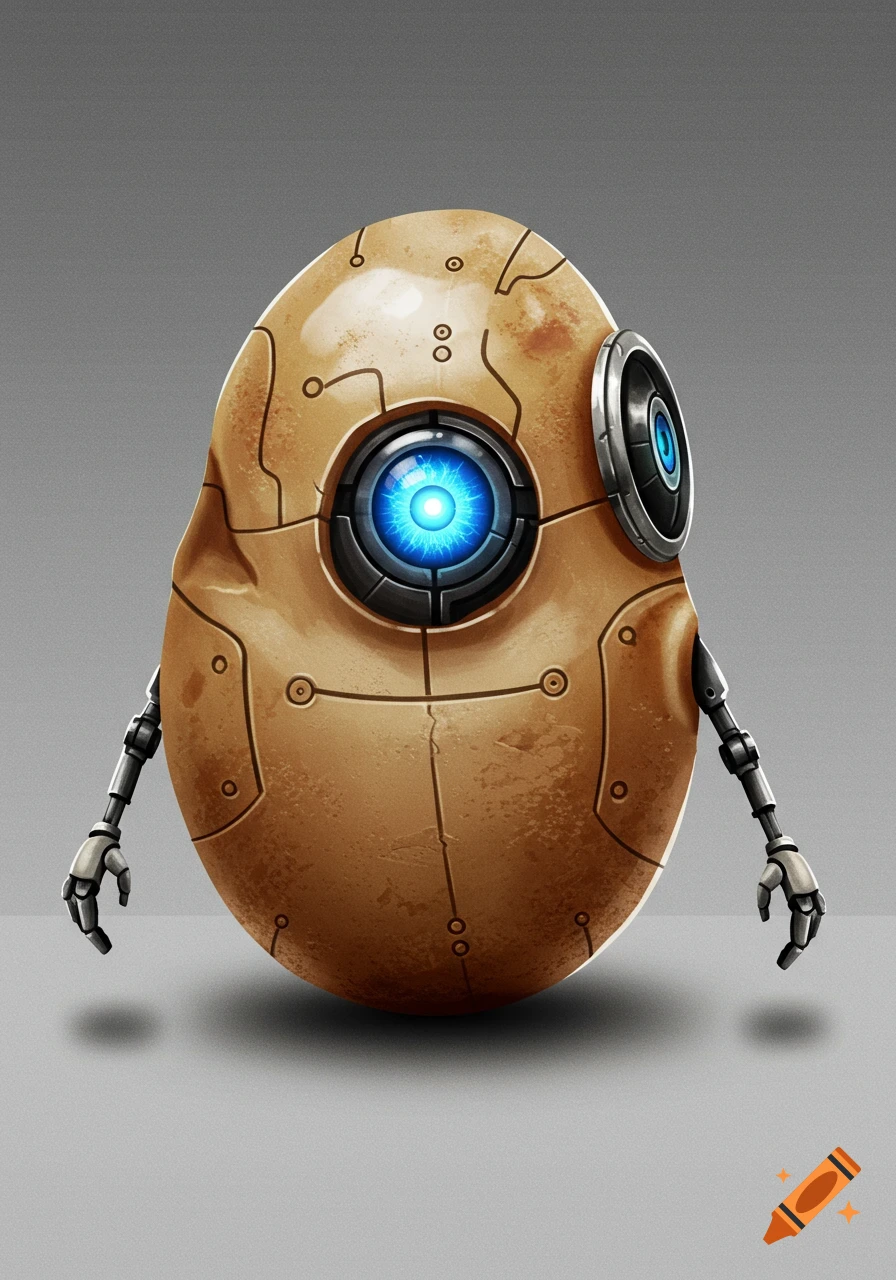 A potato-shaped robot with a glowing blue eye, mechanical arms, and a metallic texture against a gray background.