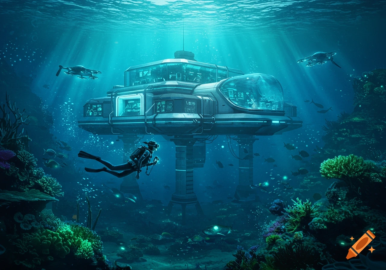 A diver explores a futuristic underwater research facility surrounded by coral reefs and marine life, with sun rays piercing the water.