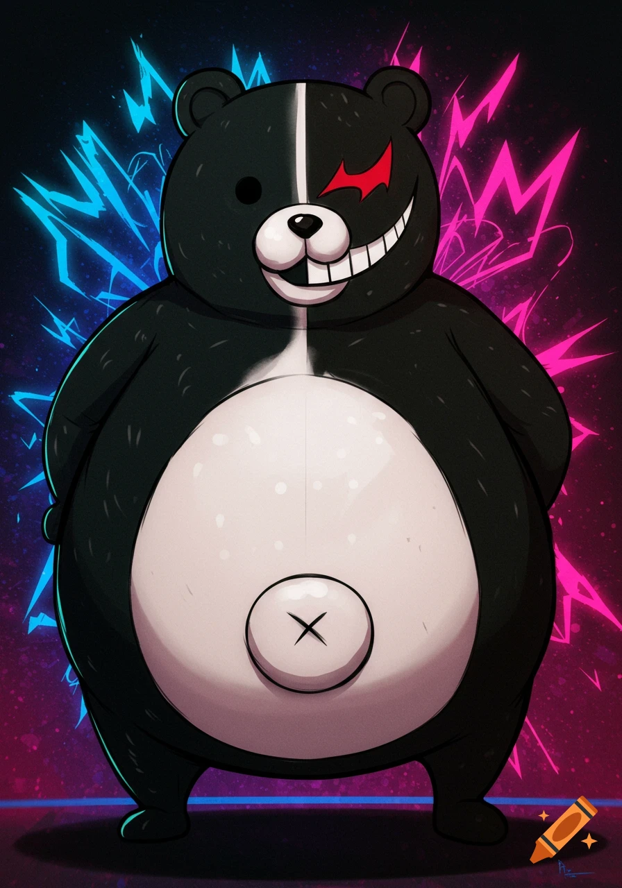 A black and white cartoon bear, Monokuma, with a wide smile and one red eye, standing against a neon pink and blue background.