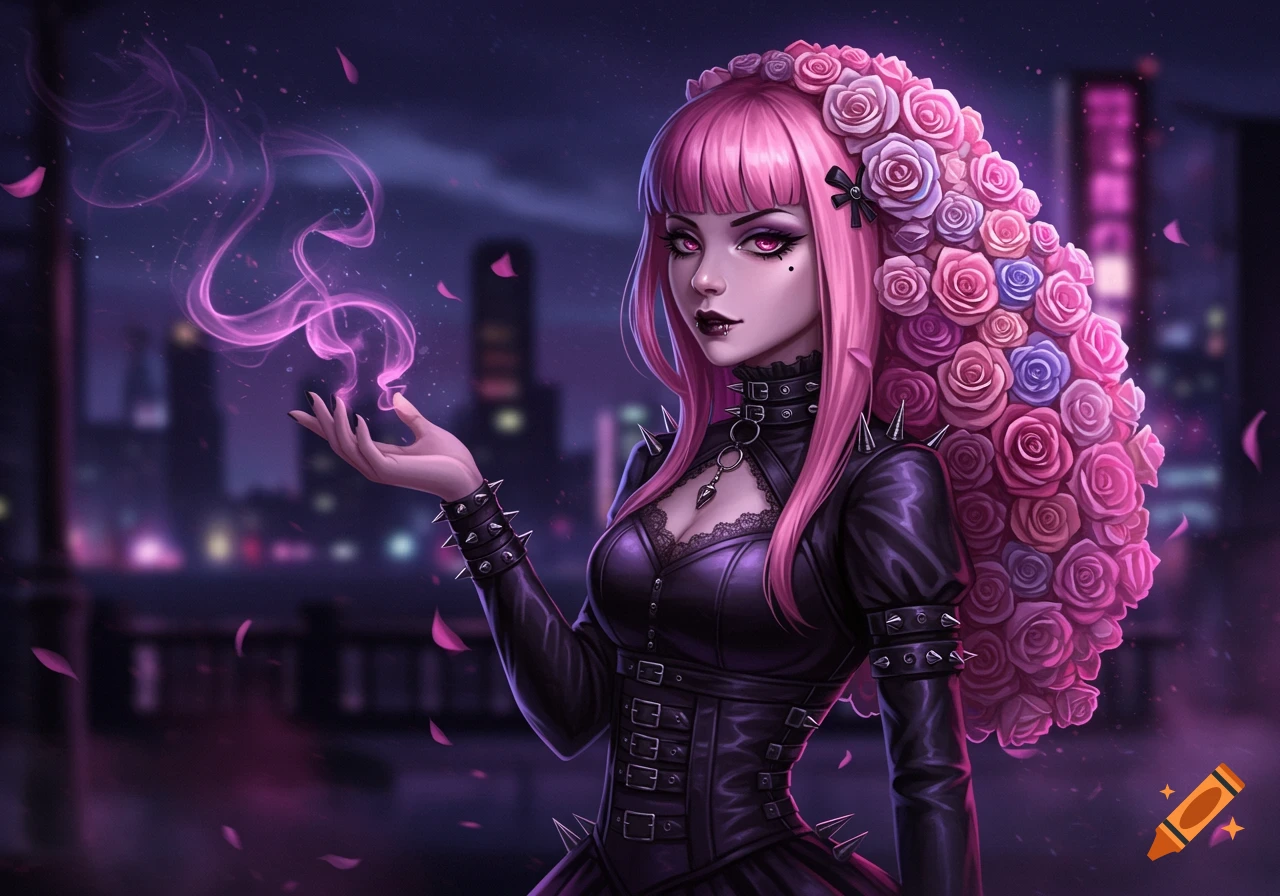 A gothic girl with pink hair, covered in roses, holds out her hand with pink magical smoke above it, against a dark city background in a digital art style.