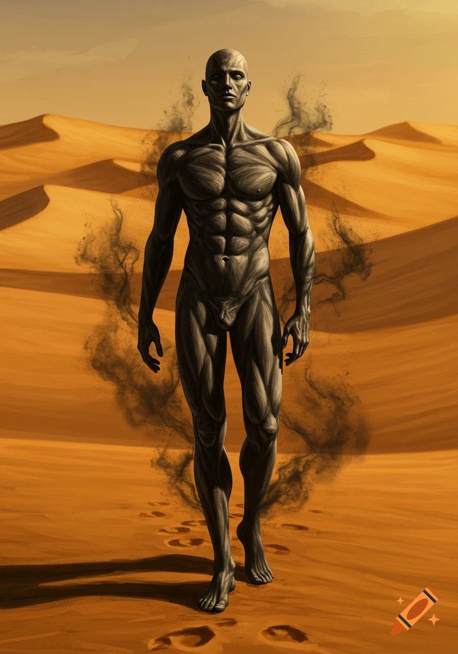 A muscular, bald man made of dark charcoal stands in a desert with swirling black smoke around him, leaving footprints.
