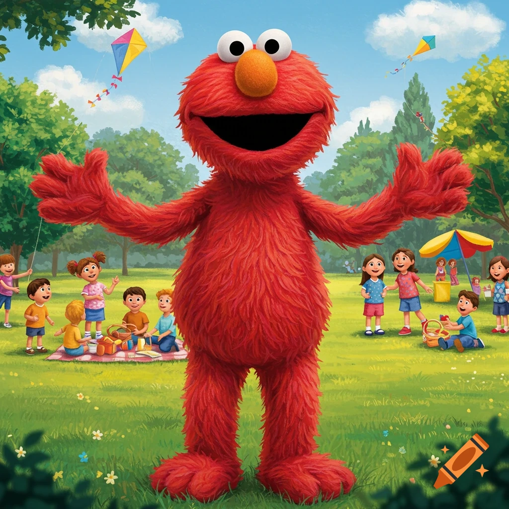 Elmo, a fuzzy red monster, stands with arms outstretched in a sunny park filled with children playing and flying kites.