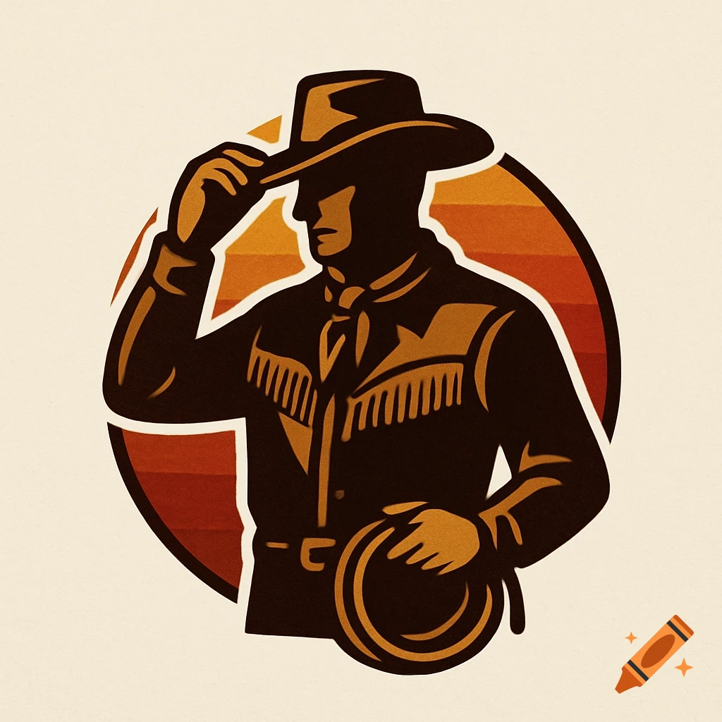 Stylized cowboy silhouette tipping his hat and holding a lasso, against a striped sunset circle background, in a logo style.