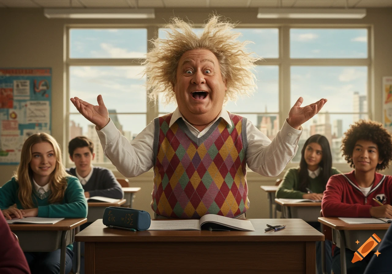 A cheerful, wild-haired male teacher with arms outspread stands in a classroom filled with smiling students.