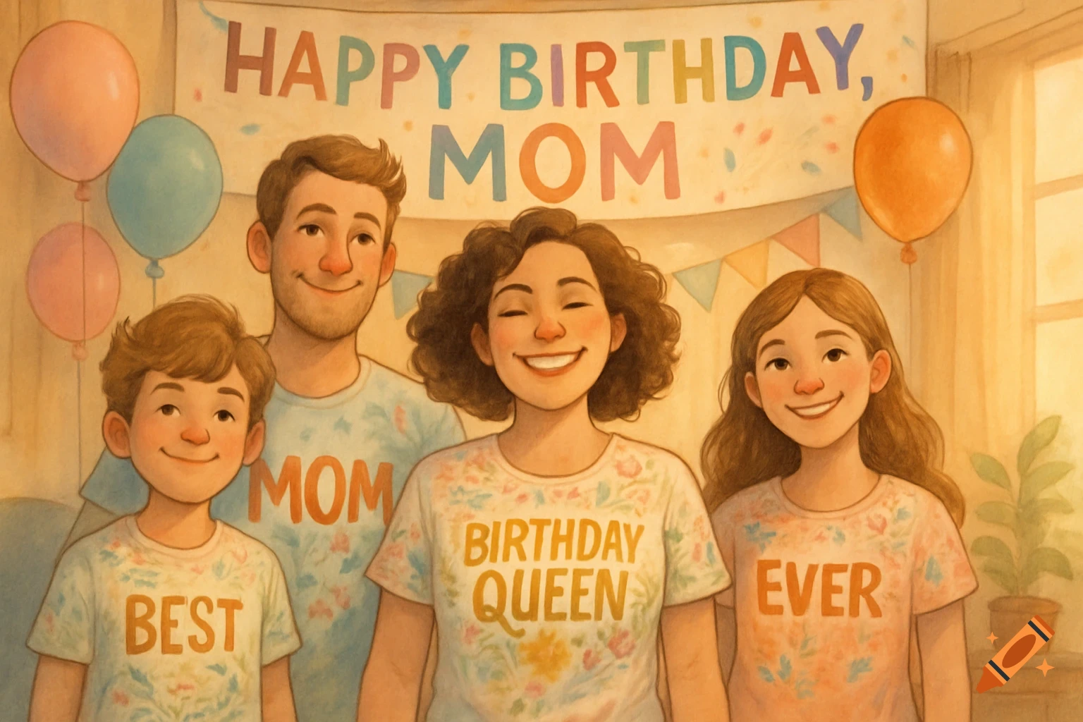 An illustration of a smiling family – dad, mom, son, and daughter – in matching floral birthday shirts, standing in front of a 'HAPPY BIRTHDAY, MOM' banner and balloons.