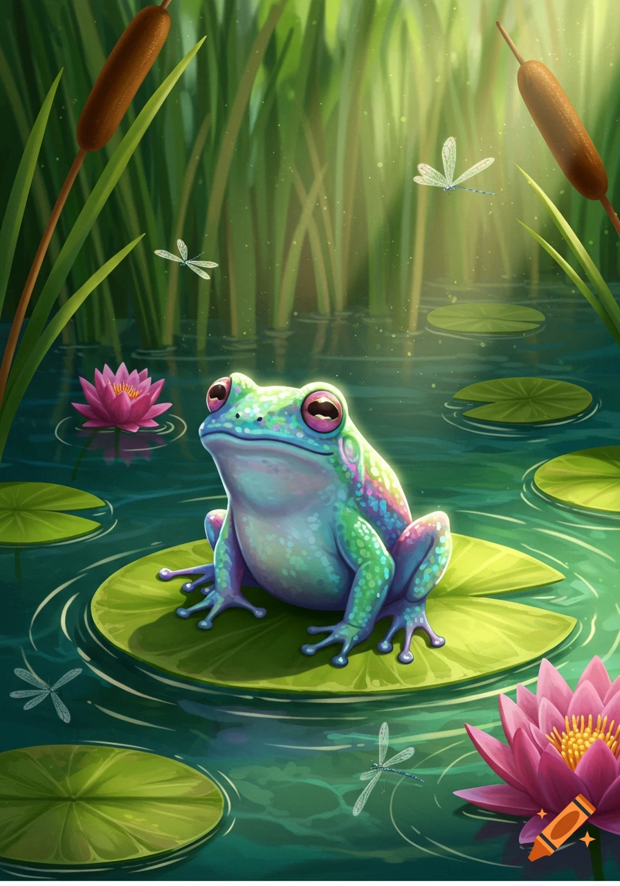 A colorful, iridescent frog sits on a lily pad in a vibrant pond surrounded by water lilies, reeds, and dragonflies, in an illustrative style.
