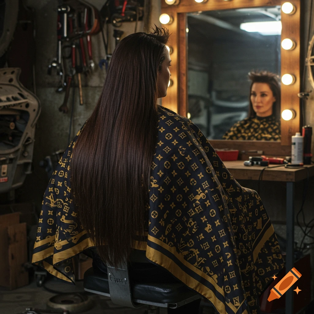Woman with long dark hair in a patterned black and gold cape, sitting in a chair facing a lighted mirror in a garage.