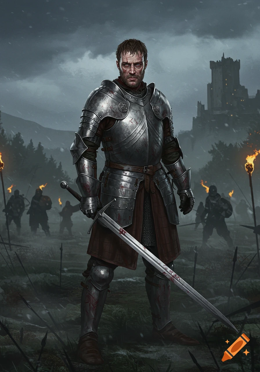 A determined knight in blood-stained silver armor stands with a sword in a misty battlefield with a castle in the background.