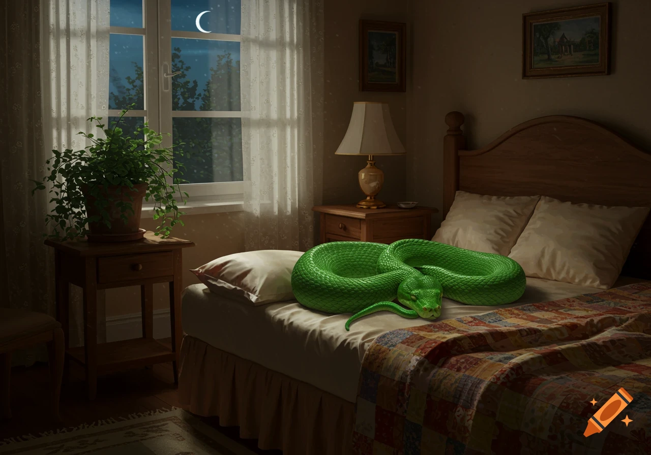 A large bright green snake coiled on a bed in a cozy bedroom, lit by moonlight through the window at night. Photorealistic.