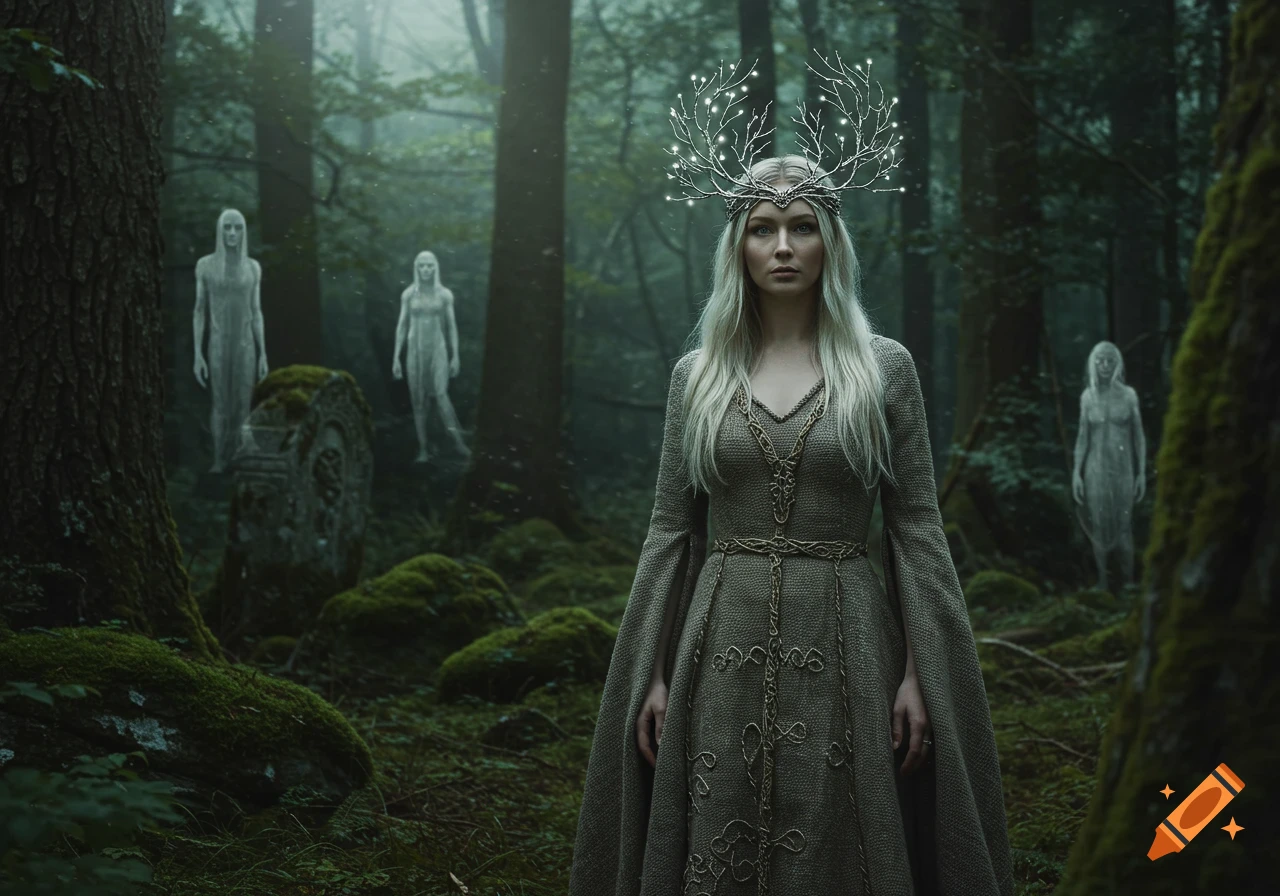A regal woman with a glowing branched crown stands in a misty, dark forest with ethereal spirits and a mossy tombstone.