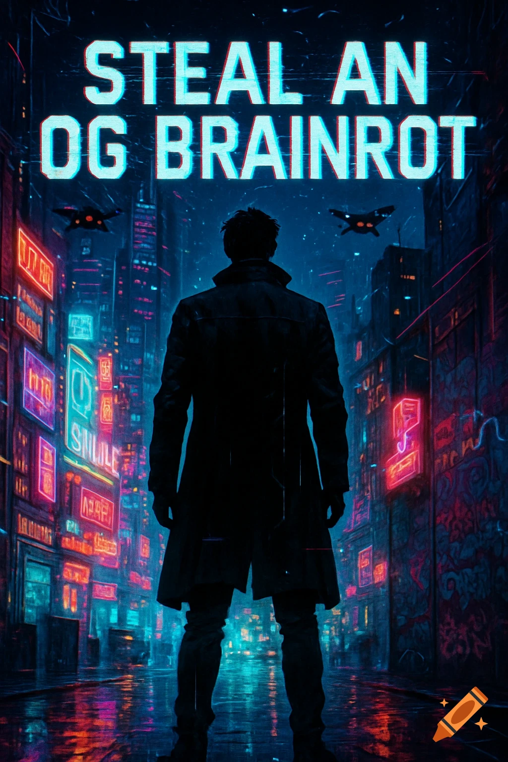 Silhouette of a man in a trench coat looks over a neon cyberpunk city. Text reads "STEAL AN OG BRAINROT".