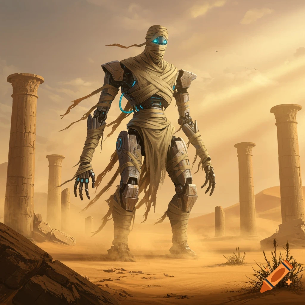 A tall robot wrapped in bandages like a mummy stands among ancient pillars in a desert at sunset.