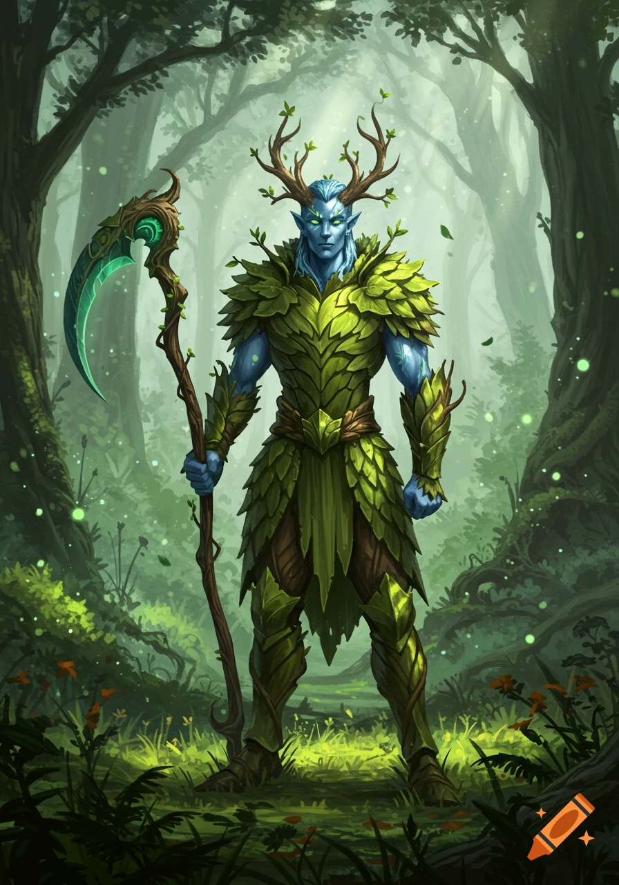 A blue-skinned druid in green leaf armor with antlers holds a glowing scythe in a lush, misty fantasy forest. Digital art.