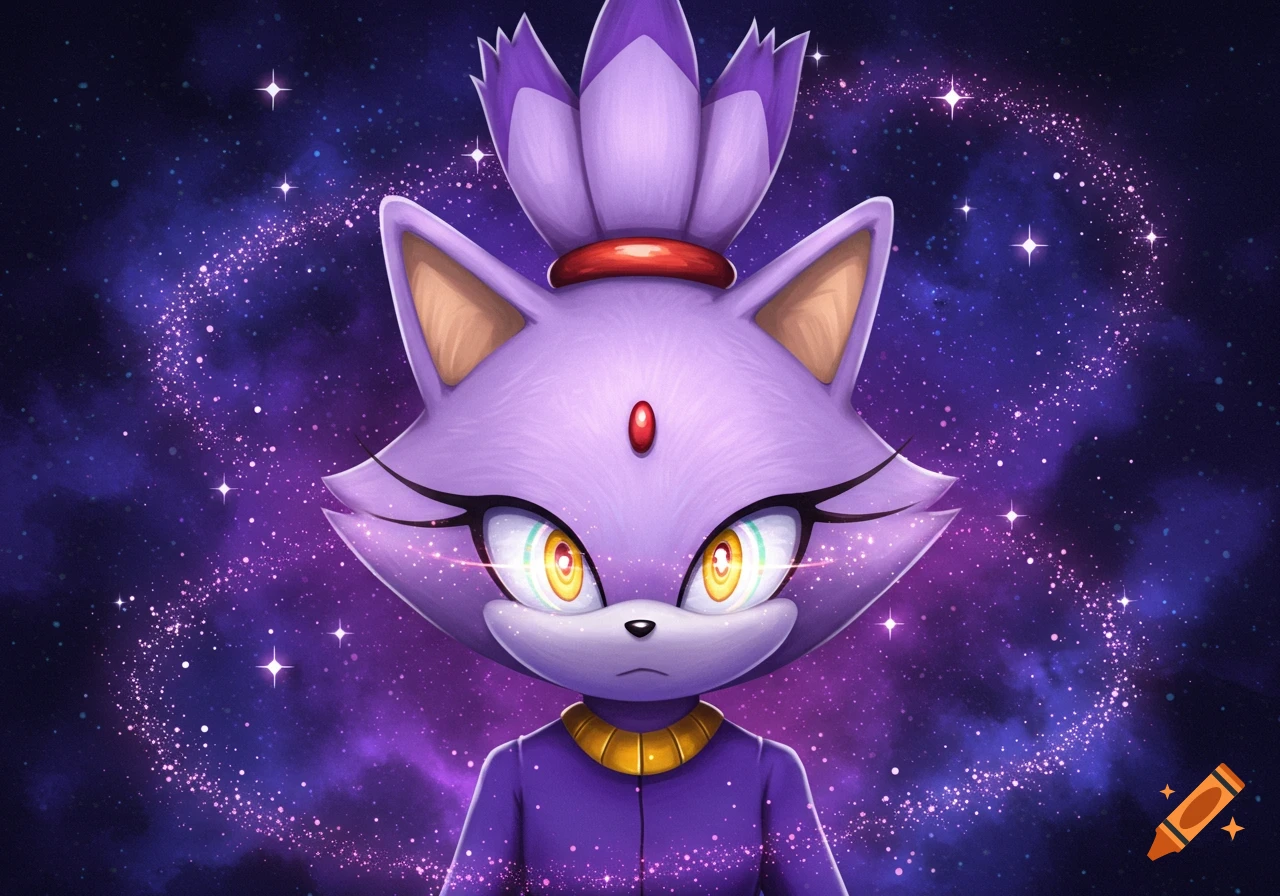 A vibrant cartoon portrait of Blaze the Cat, a purple feline character with glowing yellow eyes, against a starry cosmic background.