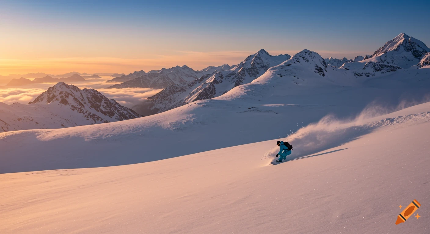 A snowboarder descends a snow-covered mountain at sunset, leaving a trail in the fresh powder with a vast mountain range in the background.