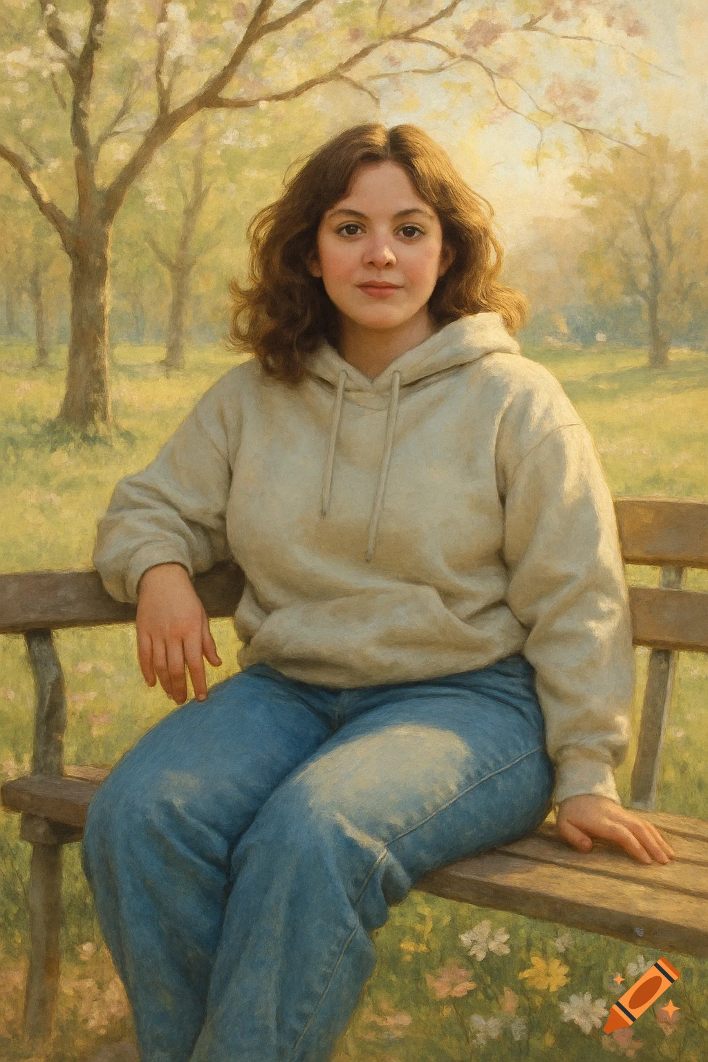 A young woman with wavy brown hair, wearing a beige hoodie and blue jeans, sits on a wooden bench in a sunlit park with flowering trees, rendered in a painterly style.