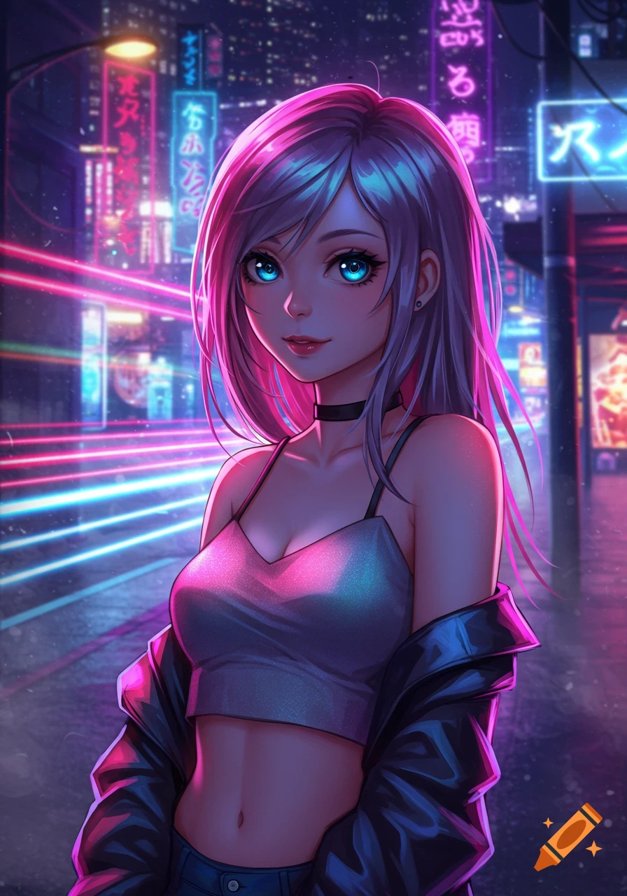 An anime girl with long purple hair and blue eyes stands in a neon-lit cyberpunk city at night, wearing a grey cropped top and black jacket.