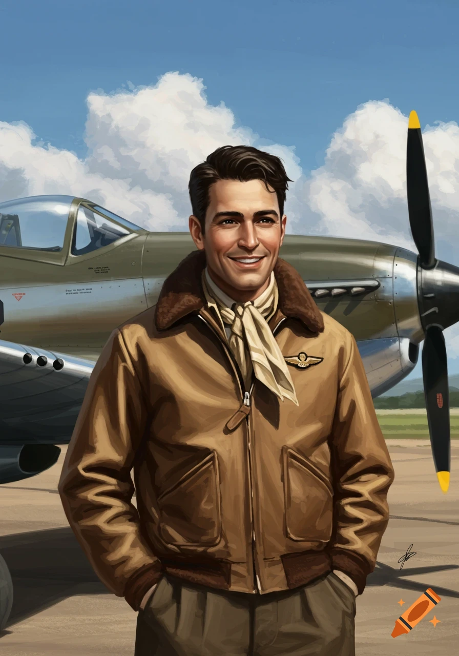 Illustration of a smiling 1940s pilot in a brown leather jacket and scarf, standing in front of a vintage airplane.