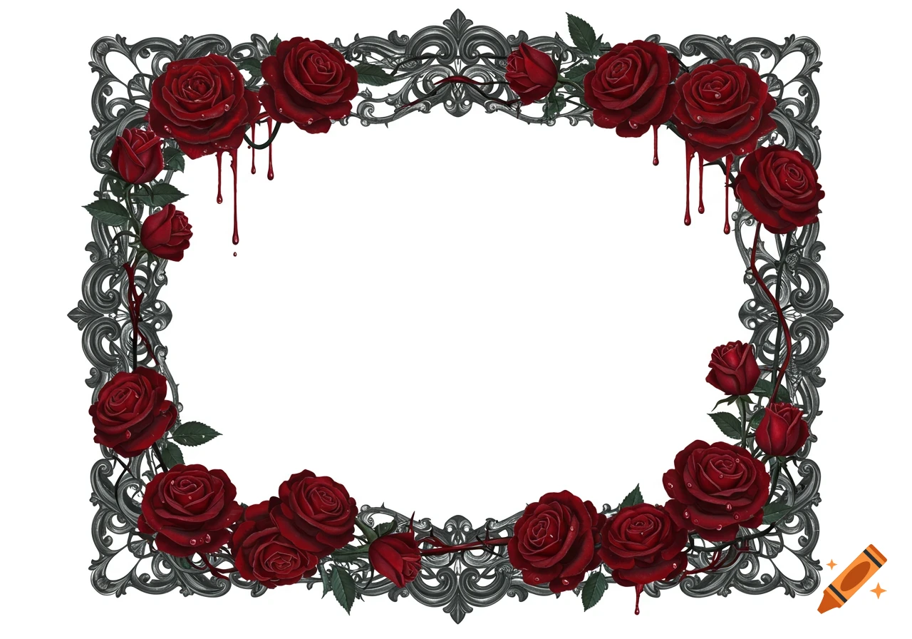 Victorian gothic style ornamental border frame with red roses and dripping blood on a white background.