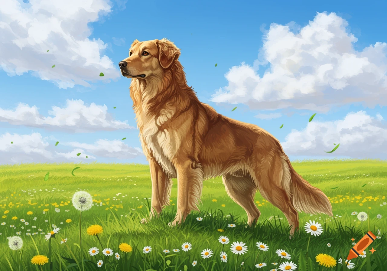 A golden retriever dog stands in a sunny green field with flowers under ...