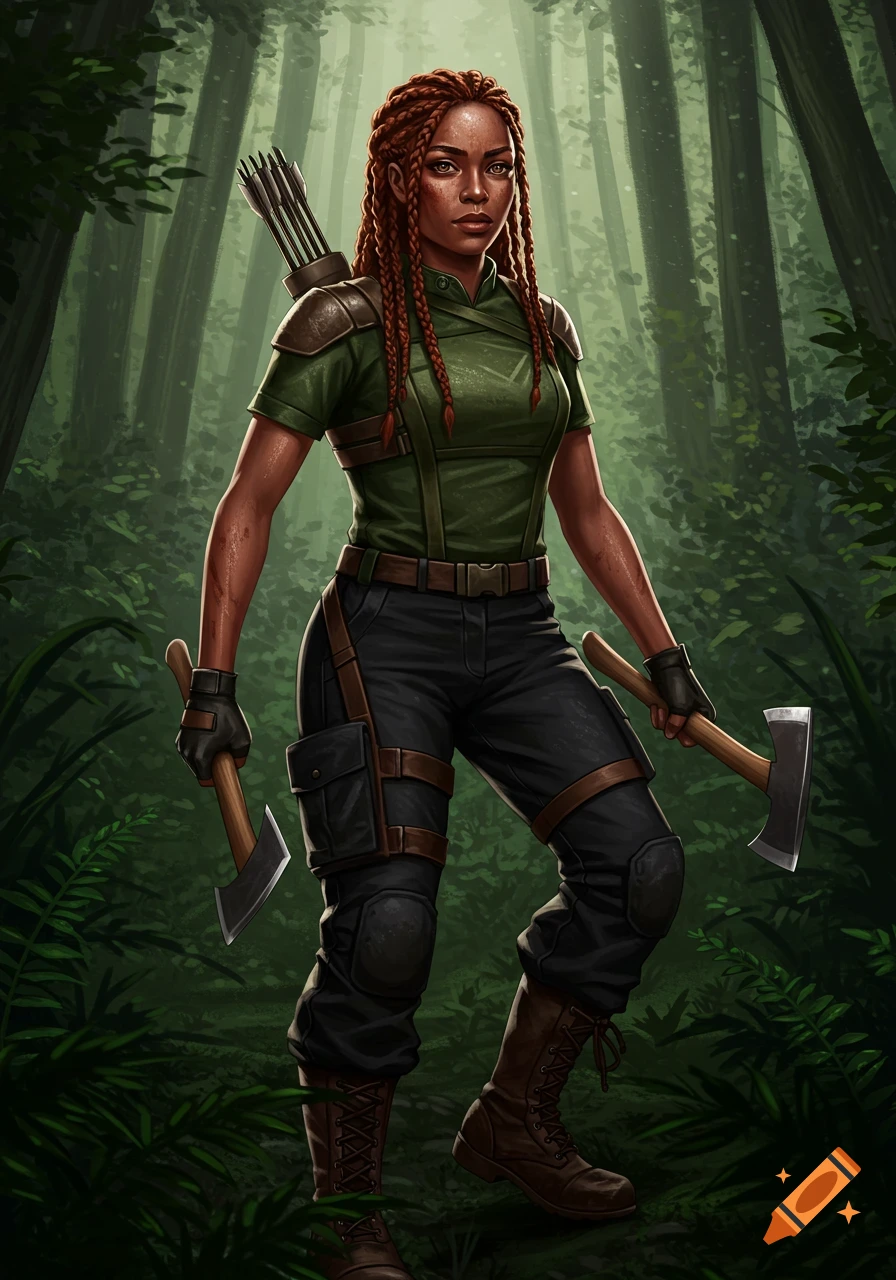 A digital painting of a dark-skinned woman with red braids, holding two axes, in a dark forest.