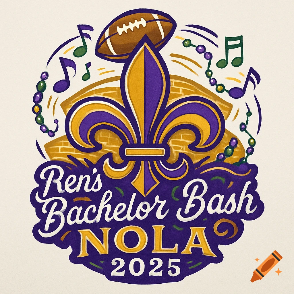 A purple and gold logo with a fleur-de-lis, football, music notes, and beads. Text reads 'Ren's Bachelor Bash NOLA 2025'.
