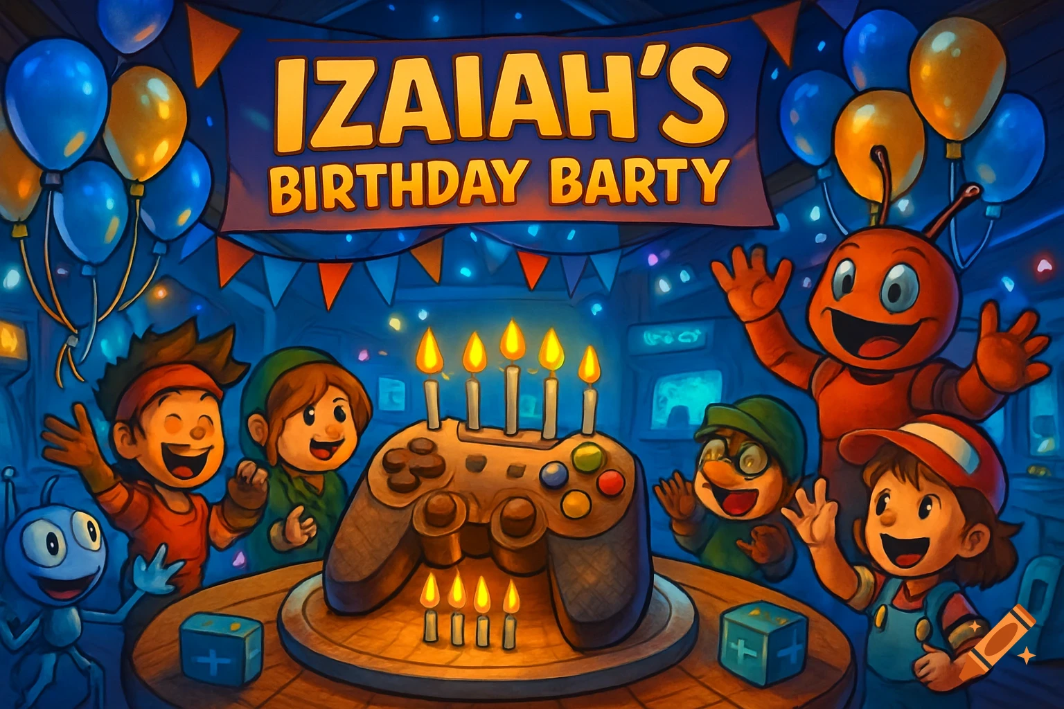 Cartoon characters celebrate a birthday with balloons, a 'IZAIAH'S BIRTHDAY BARTY' banner, and a large video game controller cake.