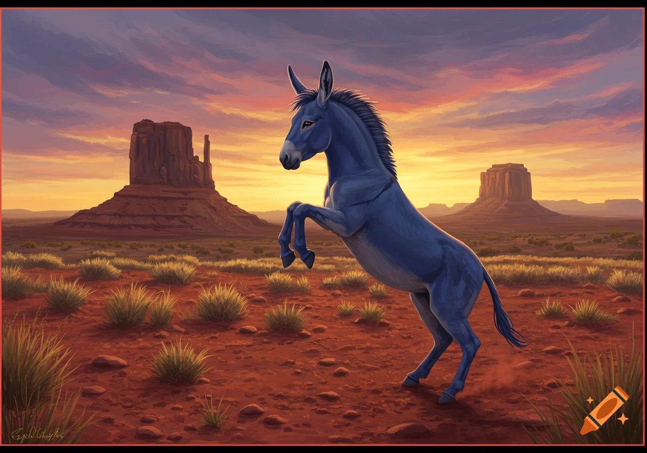 A blue donkey rears up on its hind legs in a red desert landscape at sunrise with mesas in the background.