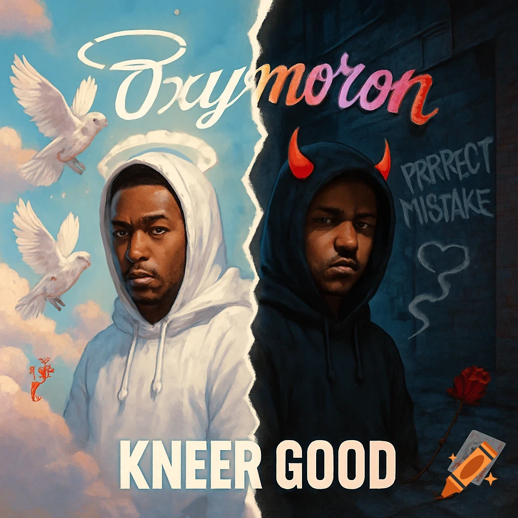 Album cover art featuring a man split into angelic and devilish sides, with doves, graffiti reading "PRRRRECT MISTAKE", and text "Oxymoron" and "KNEER GOOD" in a hip-hop art style.