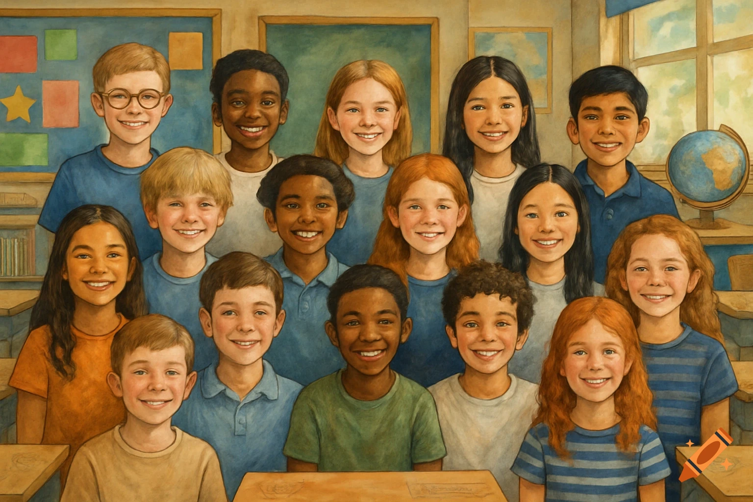 A large group of diverse, smiling children in a classroom, depicted in a painterly style.