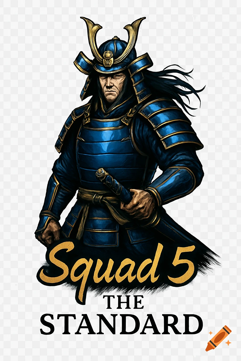 Illustrated samurai in blue and gold armor holding a sword scabbard with 'Squad 5 THE STANDARD' text.