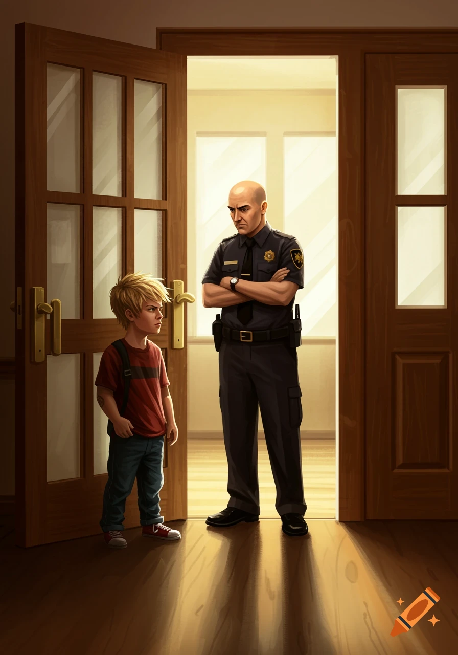 A defiant young boy in a red shirt stands before a stern police officer in a doorway, in an illustrative style.