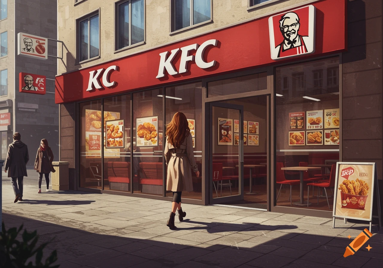 A woman in a trench coat walks towards the entrance of a KFC restaurant on a city street, with other people in the background. The building has a prominent red KFC sign and windows displaying food posters.
