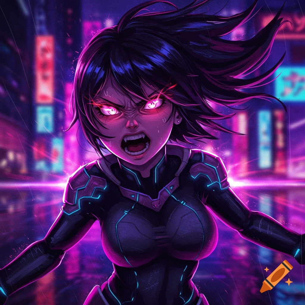 An angry anime girl with glowing pink eyes and dark hair, wearing a black futuristic suit, stands in a neon-lit cyberpunk city at night.