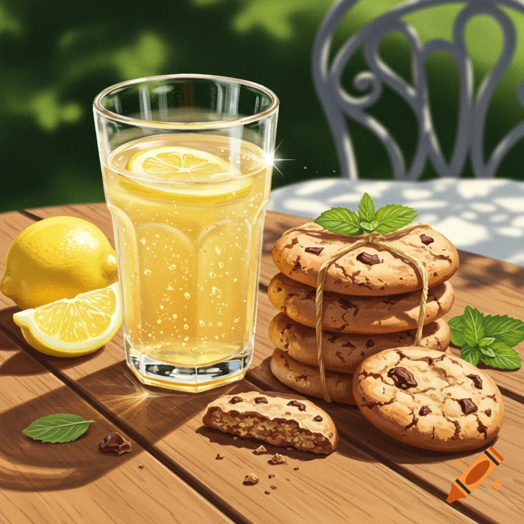 A glass of lemonade with a lemon slice, whole and broken chocolate chip cookies on a wooden table outdoors.