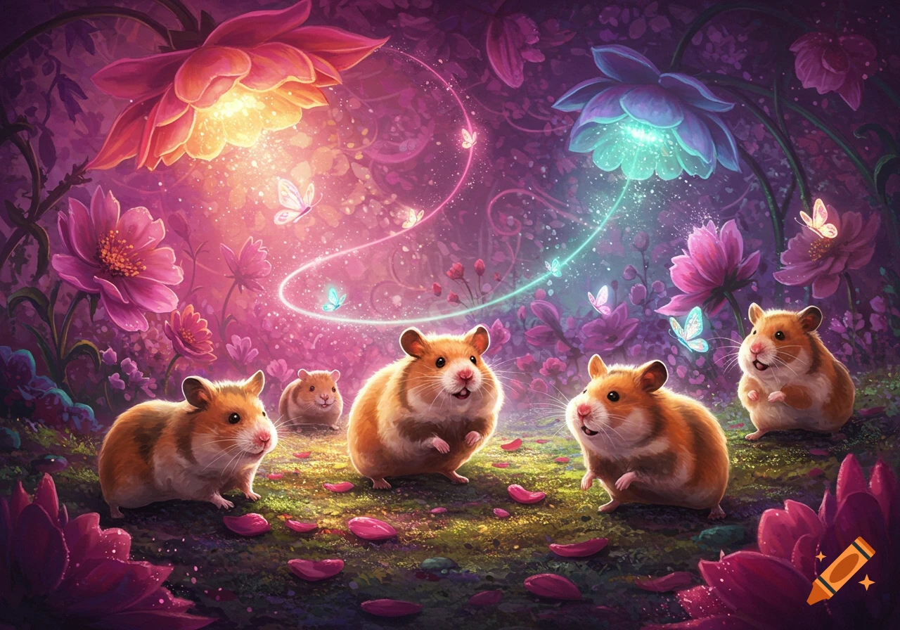 Fluffy hamsters in a magical, vibrant forest with glowing pink and purple flowers, butterflies, and sparkling light trails.