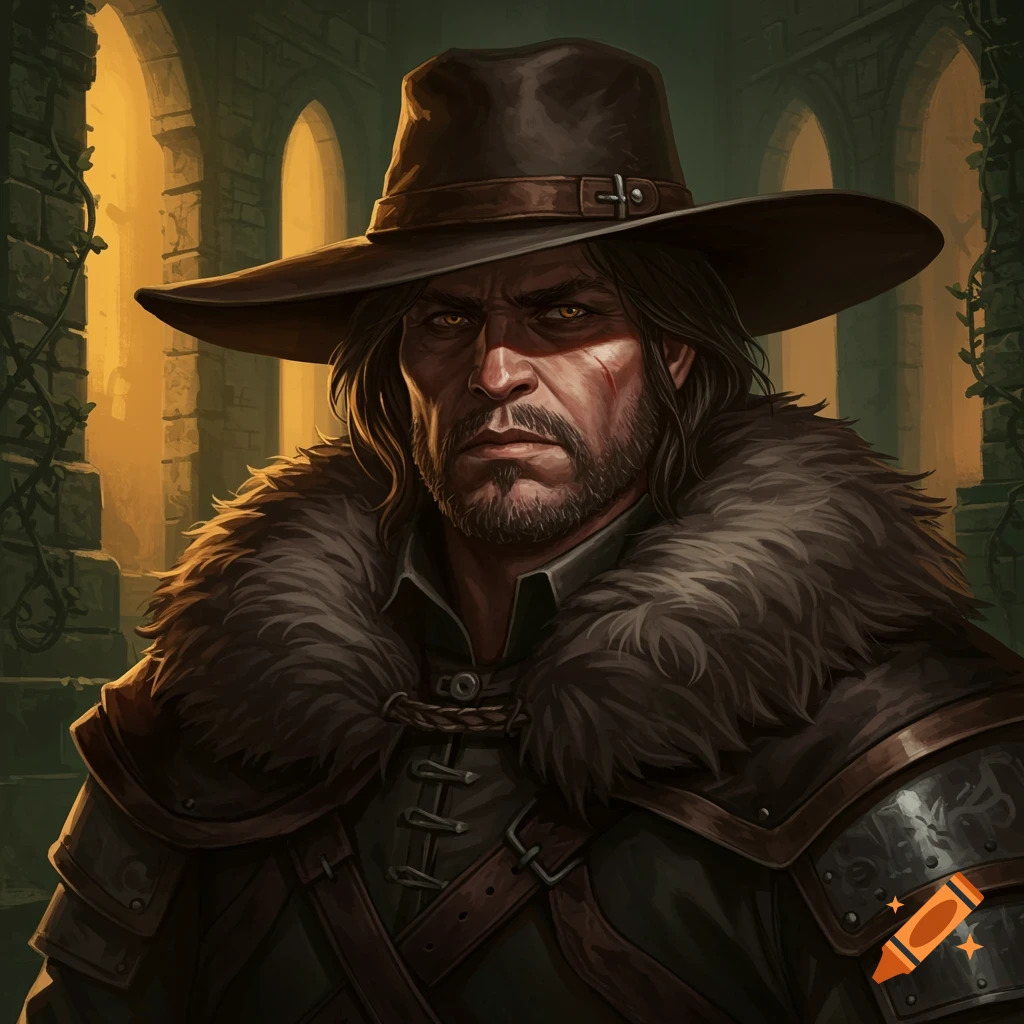 A rugged male bounty hunter with a beard and a wide-brimmed hat, wearing a fur-collared coat, stands in a gothic stone archway.